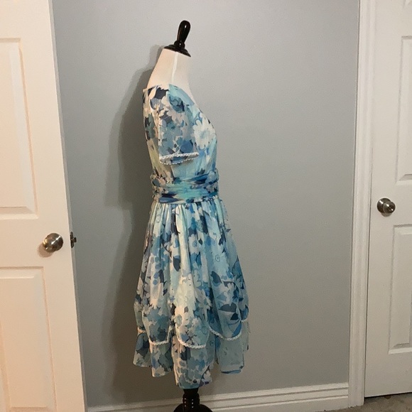 Vintage Blue Square Dance Floral Dress with Matching Ruched Belt Size Medium - Picture 3 of 7